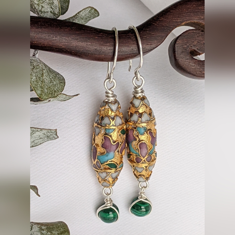 Authentic Vintage Cloisonne Earrings Sterling Silver Gold Toned with Malachite - Picture 4 of 12